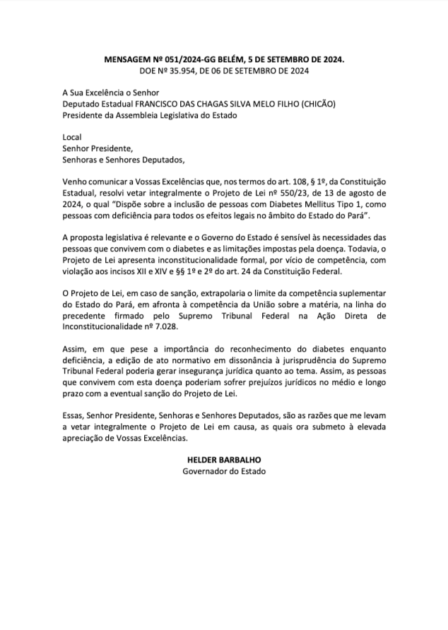 Documento com o veto do governador helder barbalho