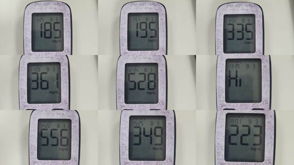 Imagem do glicosímetro em vários momentos da prova em que a candidata com diabetes teve várias hiperglicemias.