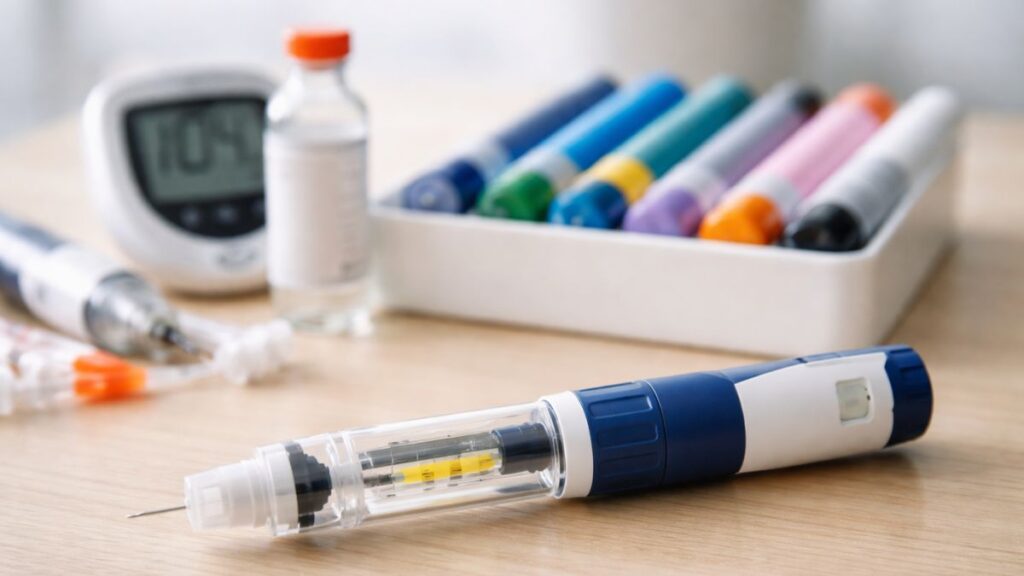 ATTD 2026: nova insulina semanal pode reduzir aplicações de 365 para apenas 52 por ano Caneta de insulina e equipamentos para controle do diabetes sobre mesa.