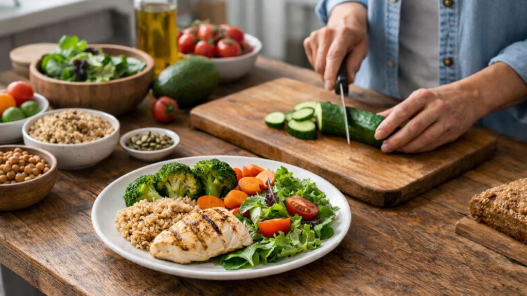 5 dicas simples de alimentação para melhorar o controle da glicose em pessoas com diabetes 1 Pessoa preparando refeição saudável com vegetais, proteína e grãos integrais para controle da glicemia no diabetes