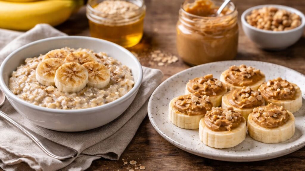 2 opções de ceia para pessoas com diabetes que querem reduzir o risco de hipoglicemia noturna Mingau de aveia com banana e prato com banana e pasta de amendoim como opções de ceia para diabetes