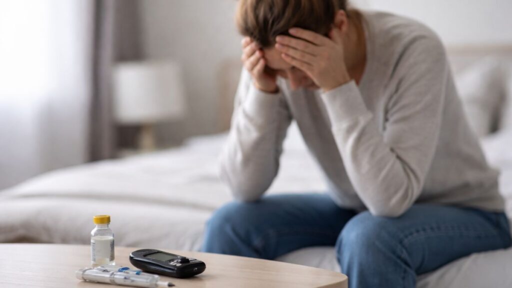 Emocional pode causar diabetes tipo 1? Entenda o que acontece no corpo 1 Mulher com diabetes tipo 1 em situação de estresse com medidor de glicose e insulina sobre a mesa