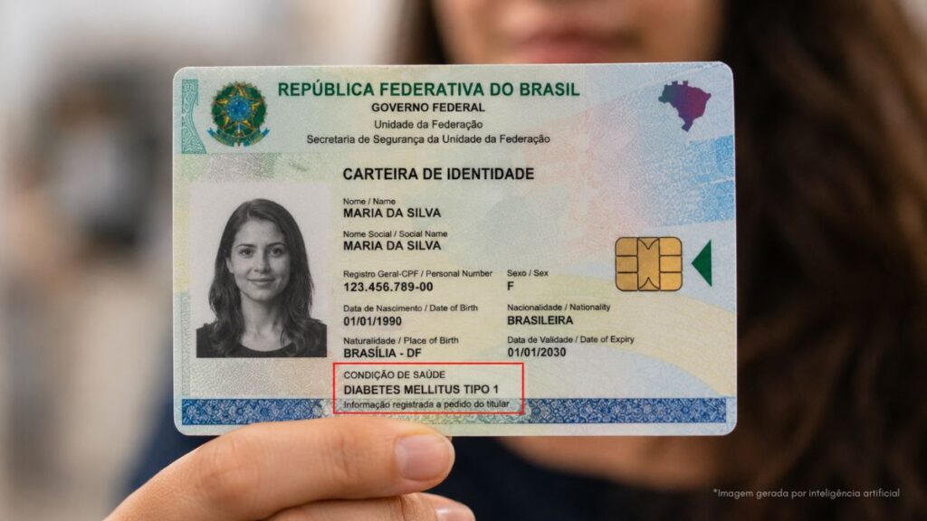 RG para quem tem diabetes? Projeto aprovado prevê identificação e novos direitos; entenda o que muda com o projeto aprovado pela Câmara Exemplo ilustrativo de Carteira de Identidade Nacional com informação sobre diabetes tipo 1 registrada no documento.