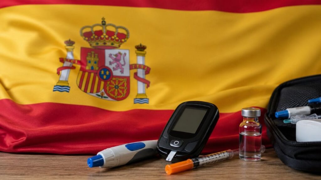 Campeã da Copa do Mundo, Espanha também chama atenção pelos avanços no tratamento do diabetes; descubra 5 motivos Bandeira da Espanha ao fundo e equipamentos para o tratamento do diabetes, como glicosímetro, caneta de insulina e materiais de monitoramento, em primeiro plano.