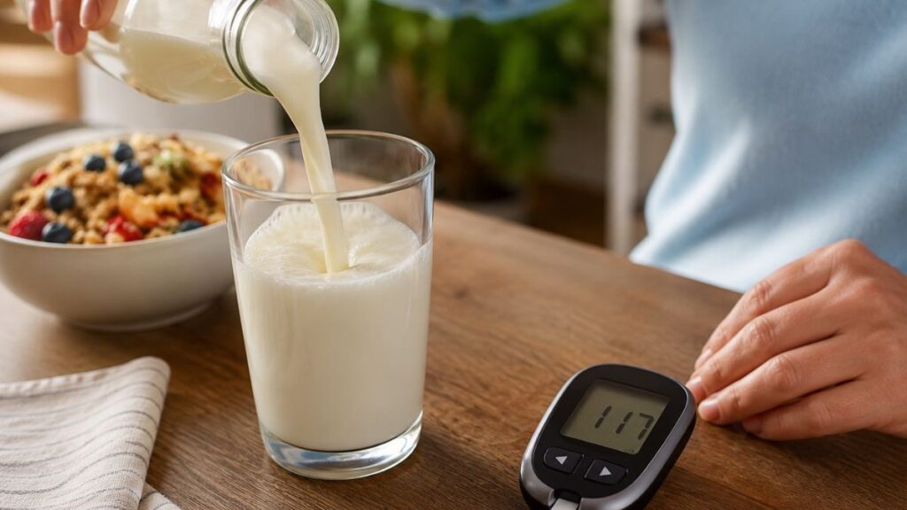 Beber leite no café da manhã altera a glicose de quem tem diabetes? Nutricionista explica Leite sendo servido em um copo de vidro durante o café da manhã, com um glicosímetro marcando 117 mg/dL sobre a mesa, representando o monitoramento da glicose por uma pessoa com diabetes.