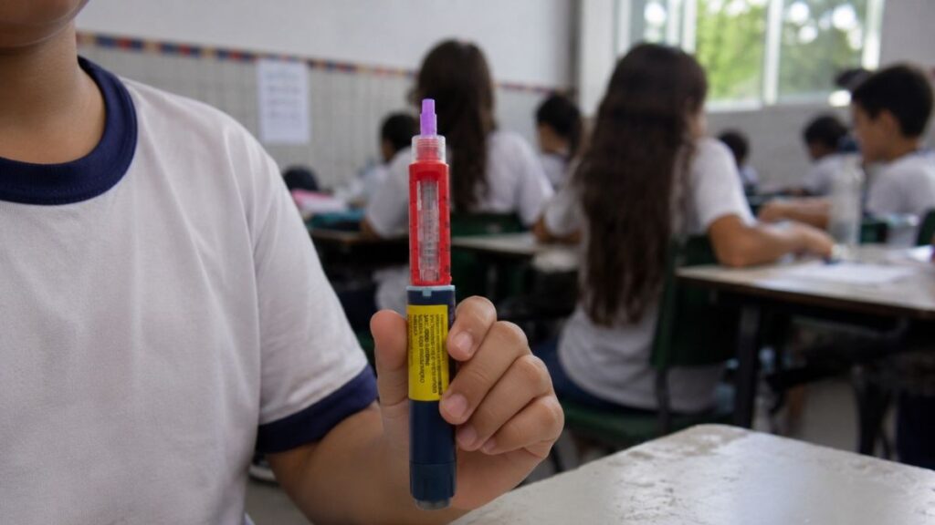 Conselho Federal de Enfermagem diz que aplicação de insulina não é exclusiva da categoria após caso em escola de Passa Quatro-MG Imagem ilustrativa mostra uma criança segurando uma caneta de insulina em sala de aula, enquanto outros alunos aparecem desfocados ao fundo.