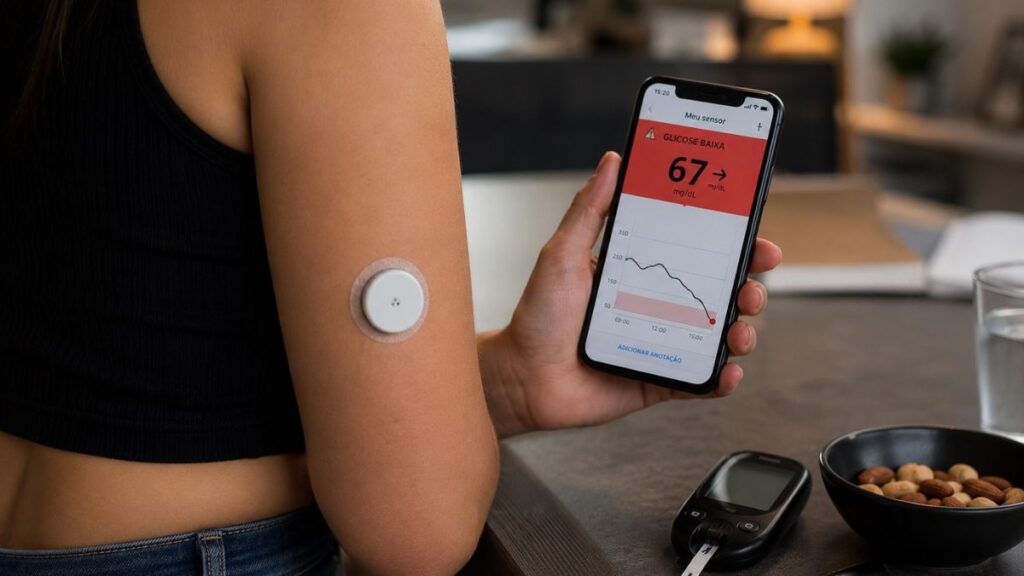 Complicação rara após cirurgia bariátrica pode causar hipoglicemias em pessoas sem diabetes Paciente monitora a glicose em sensor contínuo, que indica hipoglicemia de 67 mg/dL durante acompanhamento após cirurgia bariátrica.
