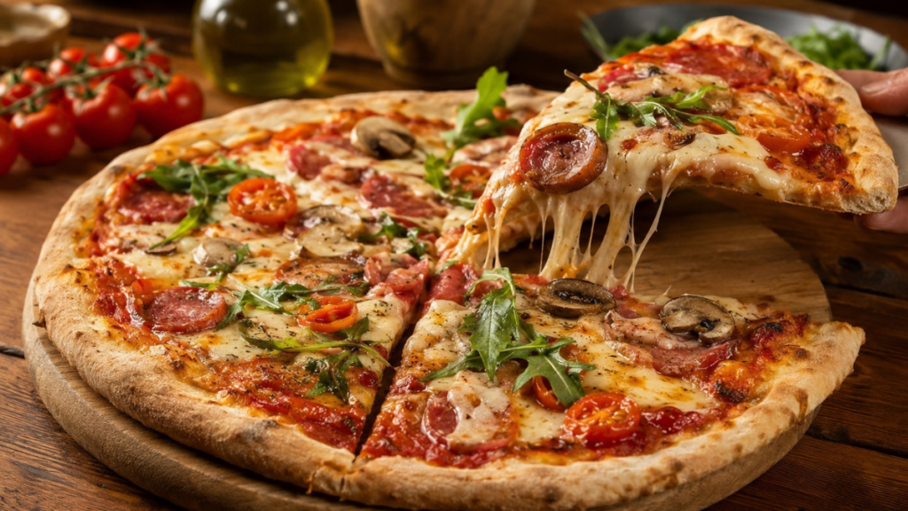 4 dicas para comer pizza no domingo à noite se você tem diabetes Pizza salgada sobre uma tábua de madeira, com uma fatia sendo levantada e queijo derretido, acompanhada de tomates, rúcula e cogumelos em uma mesa de jantar.
