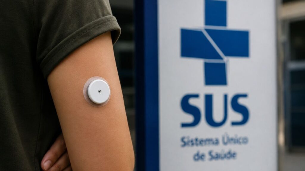 Prazo para participar da consulta pública sobre sensor de glicose no SUS termina nesta segunda (17) Pessoa com sensor de glicose aplicado no braço em frente a uma placa do SUS (Sistema Único de Saúde). O rosto da pessoa não aparece na imagem.