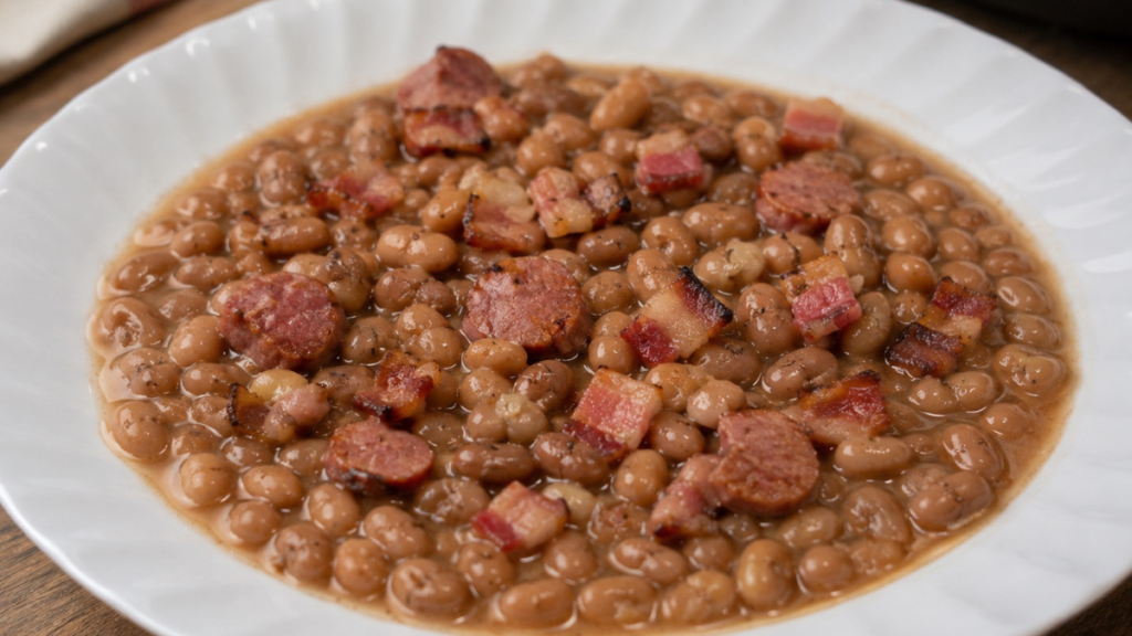 Bacon ou linguiça no feijão podem afetar a glicemia? Nutricionista explica o que acontece Prato de feijão com bacon e linguiça
