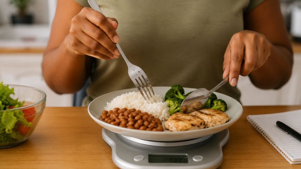 7 dicas para acertar na contagem de carboidratos e evitar glicose alta Pessoa medindo refeição em balança de cozinha para contagem de carboidratos