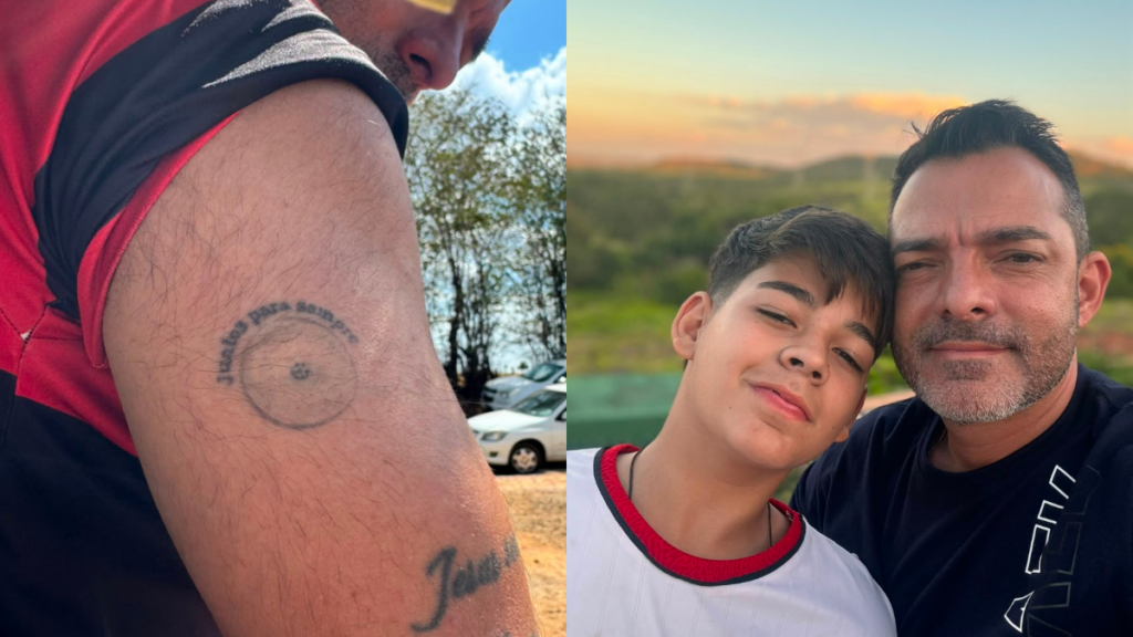 Dia dos Pais: pai tatua sensor de glicose do filho com diabetes tipo 1 para marcar a história dos dois Pai tatua sensor do filho com diabetes tipo 1.