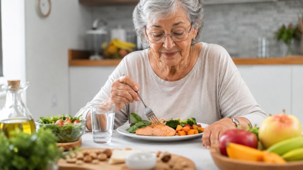 Diabetes depois dos 60: entenda o que muda na alimentação e quais alimentos priorizar Idosa com diabetes se alimenta de forma saudável após os 60 anos