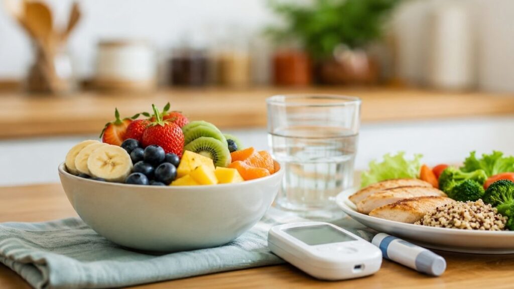 Fruta em jejum no café da manhã pode atrapalhar o controle da glicose? Frutas e refeição ao lado de medidor de glicose para ilustrar diabetes e alimentação