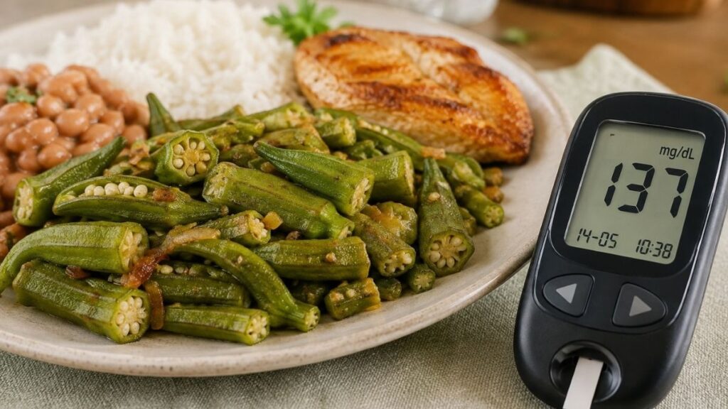 Por que o quiabo pode ser uma boa escolha para quem tem diabetes? Prato de almoço com quiabo, arroz, feijão e frango ao lado de um medidor de glicose marcando 137 mg/dL.