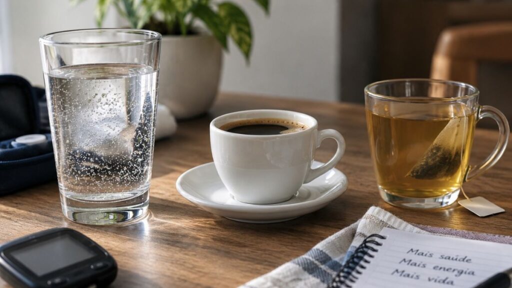 3 bebidas que pessoas com diabetes podem tomar sem risco da glicose no sangue aumentar Bebidas sem açúcar ao lado de medidor de glicose sobre uma mesa, em imagem ilustrativa sobre diabetes.