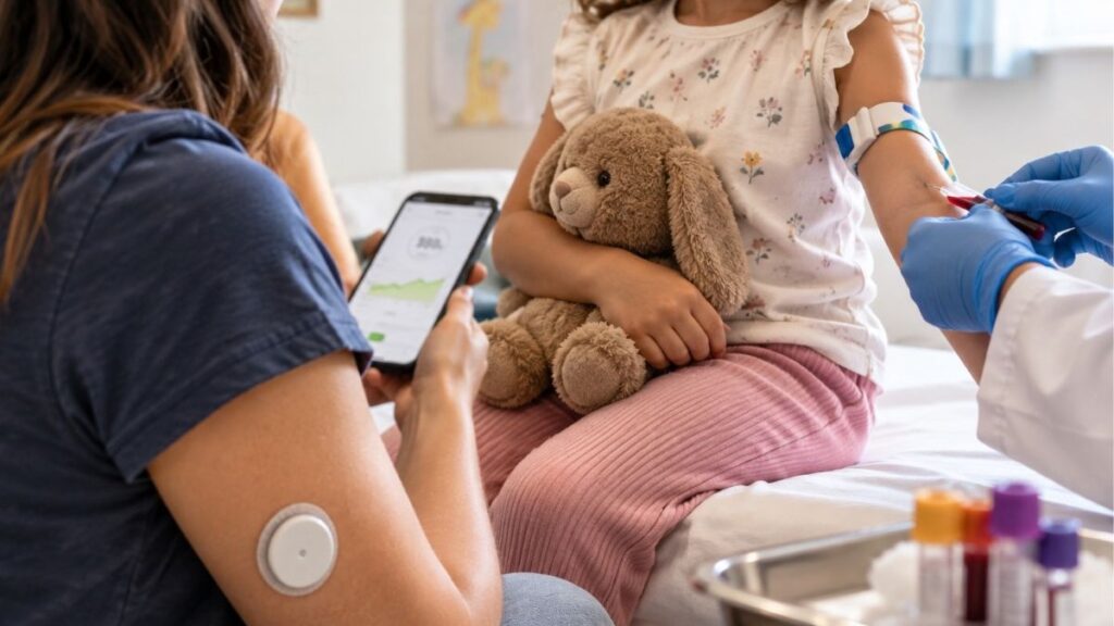 Novo consenso recomenda rastrear diabetes tipo 1 antes dos sintomas; veja como funciona Rastreamento de diabetes tipo 1 com coleta de sangue em criança acompanhada por familiar que utiliza sensor de glicose.