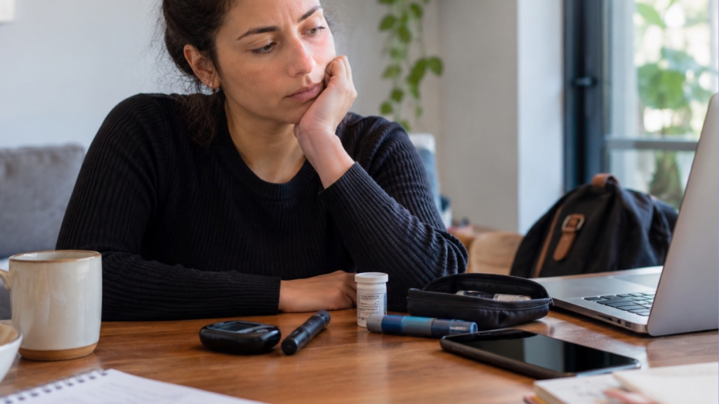 Por que cuidar do diabetes pode ser tão difícil? Entenda o impacto da rotina, das emoções e dos hábitos Mulher refletindo sobre a rotina de cuidados com o diabetes em casa