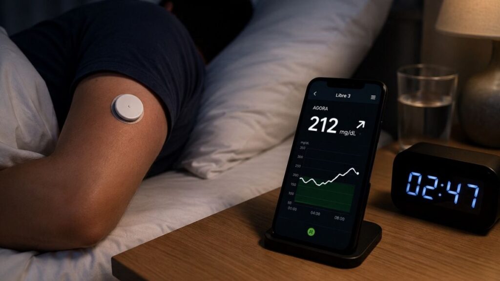 6 alimentos que podem atrapalhar o sono e mexer com a glicose de quem tem diabetes à noite Sono de pessoa com diabetes enquanto sensor acompanha a glicose durante a madrugada.