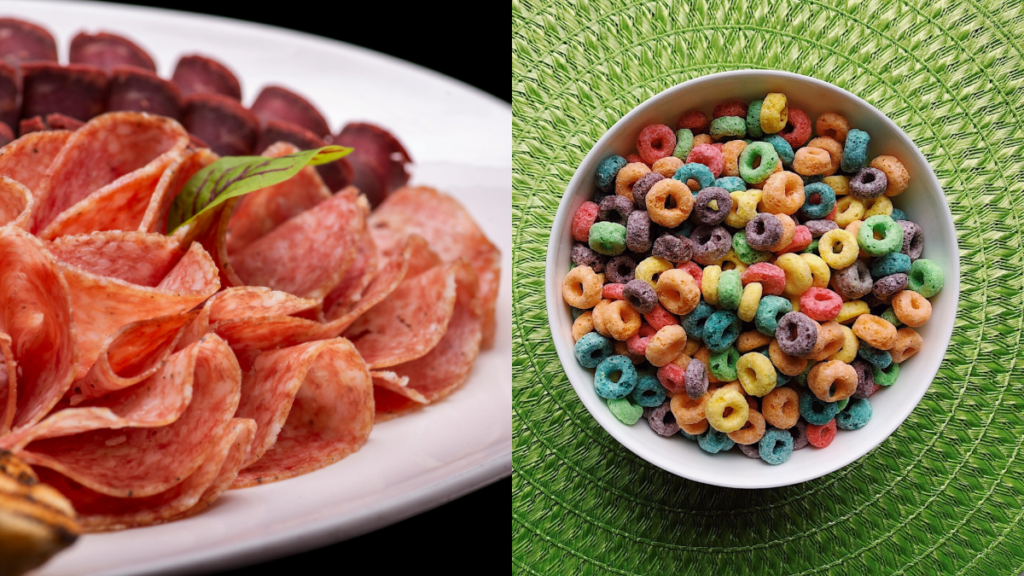 4 alimentos para evitar no café da manhã de quem tem diabetes Embutidos e cereais açucarados representam alimentos que devem ser evitados no café da manhã de pessoas com diabetes.