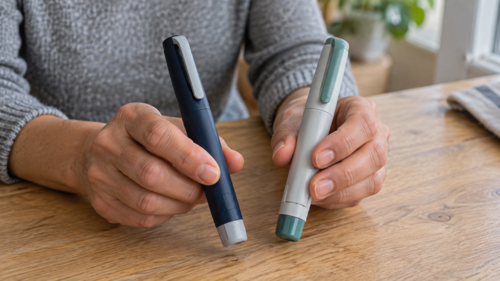 Insulina lenta e rápida: por que e quando pessoas com diabetes precisam das duas? Pessoa segura duas canetas de insulina diferentes, uma em cada mão, sem mostrar o rosto.
