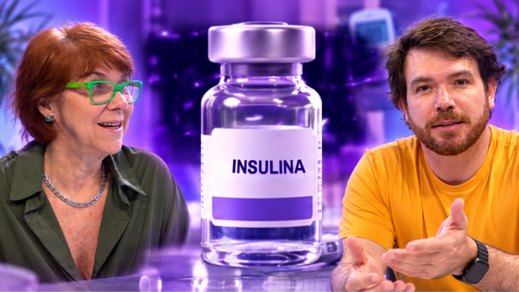 Quando o tratamento com insulina é indicado? Médica esclarece dúvidas no novo DiabetesCast Frasco de insulina entre duas pessoas durante uma conversa sobre o tratamento do diabetes.