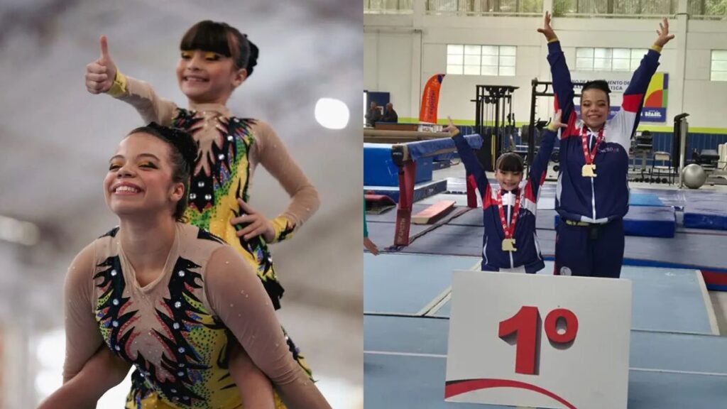 Adolescente com diabetes tipo 1 conquista títulos na ginástica de alto rendimento e concilia controle da glicose nos treinos 4 Adolescentes com diabetes e dupla de ginástica acrobática durante apresentação e premiação em campeonato.