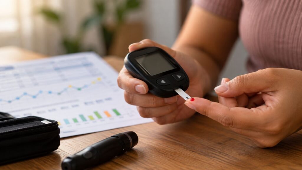 Glicemia normal e hemoglobina glicada alta: entenda por que isso acontece Pessoa realizando teste de glicemia para acompanhamento da hemoglobina glicada