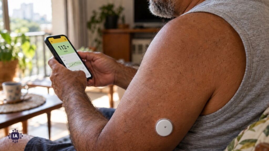 Como medir a glicose usando o celular? 8 coisas que você precisa entender Homem confere glicose pelo celular.